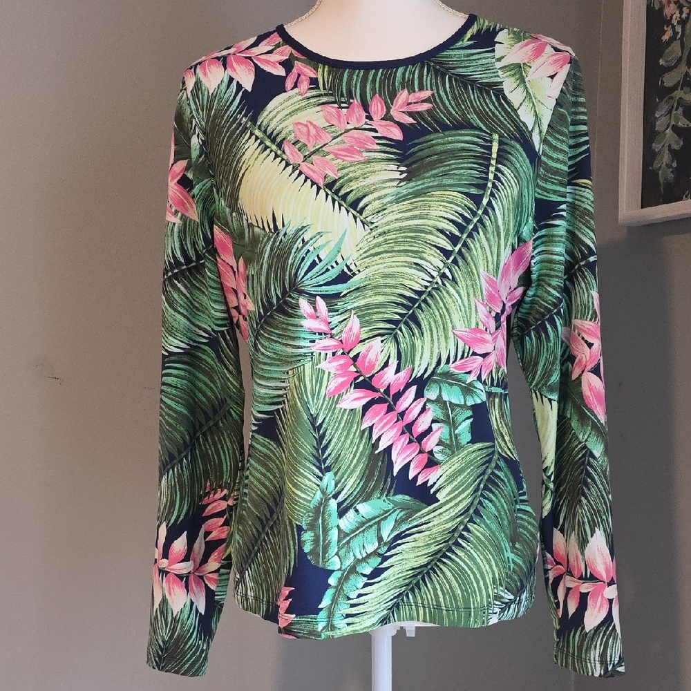 Lands' End Tropical Long Sleeve Beach Shirt Size Medium